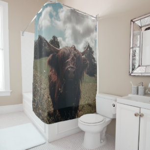 Black highland Scottish cow grazing vintage retro Shower Curtain