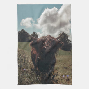 Black highland Scottish cow grazing vintage retro Tea Towel