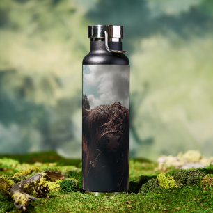 Black highland Scottish cow grazing vintage retro Water Bottle