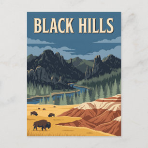Black Hills South Dakota Bison Retro Travel Poster Postcard