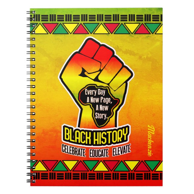 Black History with Africa Map and Fist on Grunge Notebook (Front)