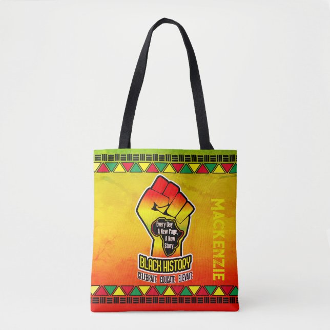 Black History with Africa Map and Fist on Grunge Tote Bag (Front)