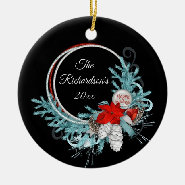 Black Holiday Wreath Personalised Ceramic Tree Decoration (Front)