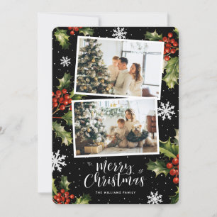 Black Holly Berries Snowflake Photo Christmas Card