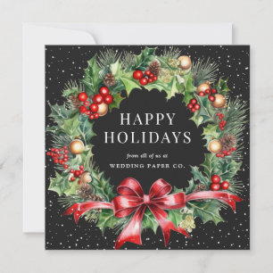 Black Holly Berry Poinsettia Wreath Snow Business Holiday Card