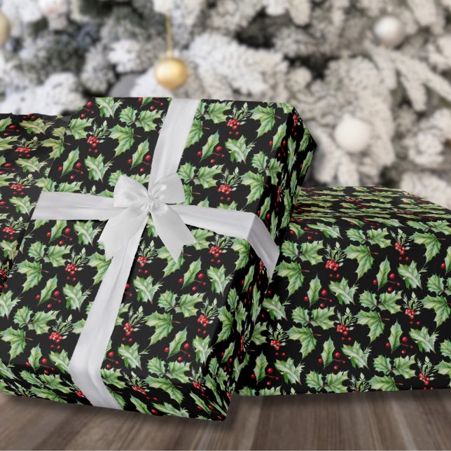 Black Holly Christmas Wrapping Paper (Festive Black Holly Berries Christmas Wrapping Paper)