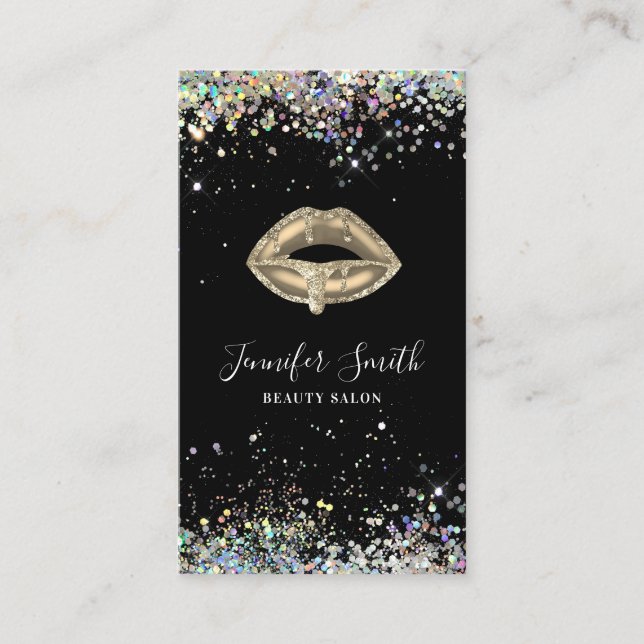 Black Holographic Glitter Makeup Artist Gold Lips Business Card (Front)