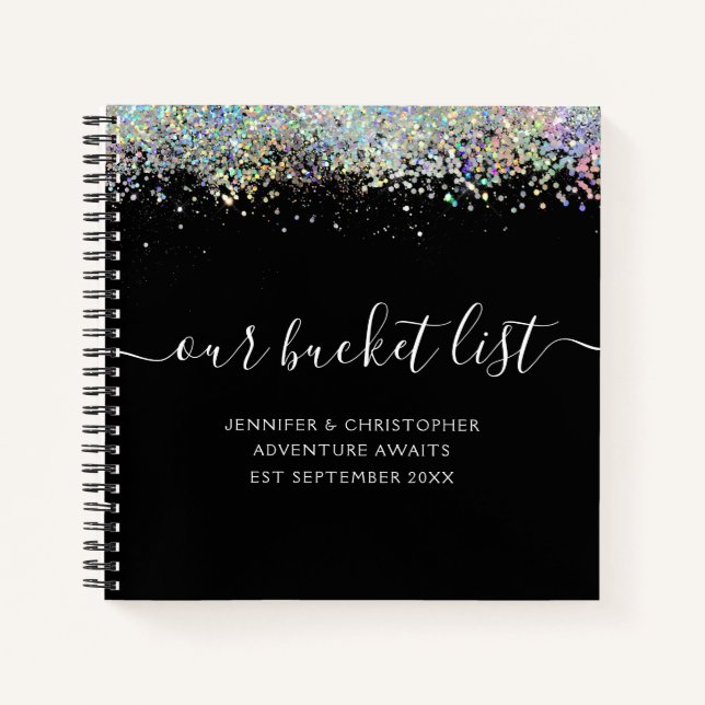 Black Holographic Glitter Our Bucket List Couple's Notebook (Front)