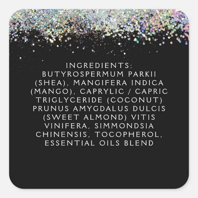 Black Holographic Glitter Skin Care Ingredients Square Sticker (Front)