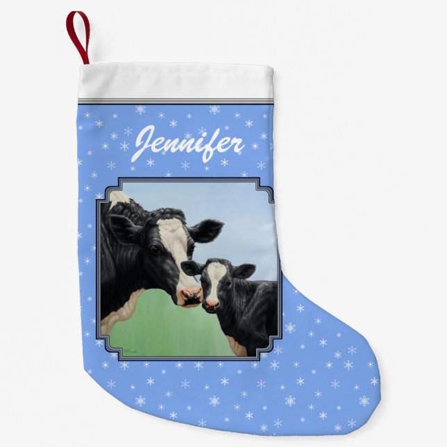 Black Holstein Cow & Cute Calf Small Christmas Stocking (Front)