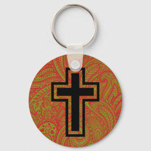 Black Holy Christian Cross Floral Pattern Keychain