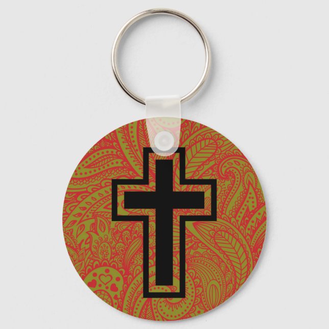Black Holy Christian Cross Floral Pattern Keychain (Front)