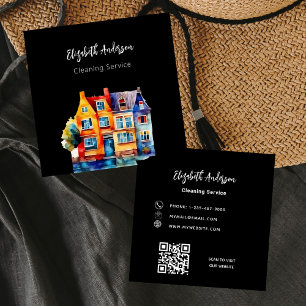 Black home cleaning service QR code Square Business Card