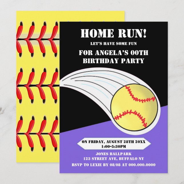 Black Home Run Softball Birthday Party  (Front/Back)