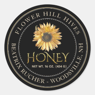 Black Honey Label Sunflower and Metallic Gold Text