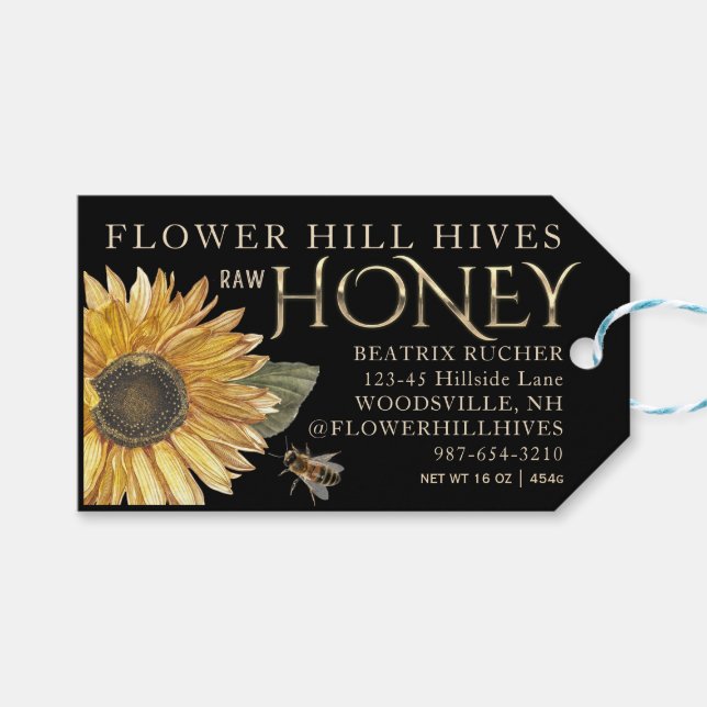 Black Honey Label Sunflower Bee Metallic Gold Text (Front (Horizontal))