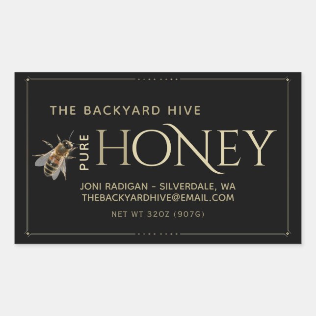 Black Honey Label with Realistic Bee and Border (Front)