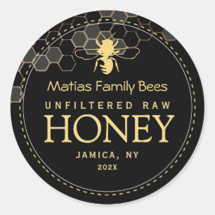 Black Honey Label with Stylised Bee and Honeycomb
