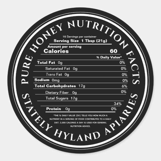 Black Honey Nutrition Facts Label Apiary Name (Front)