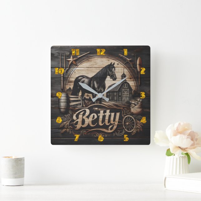 Black Horse at Farm With Name Betty Square Wall Clock (Home)