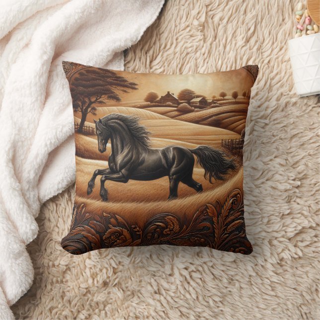 Black Horse at Sunset in Countryside Cushion (Blanket)