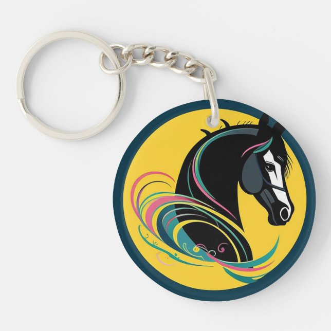 Black Horse Cartoon Illustration Key Ring (Front)