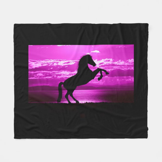 Black horse fleece blanket/purple background. (Front (Horizontal))