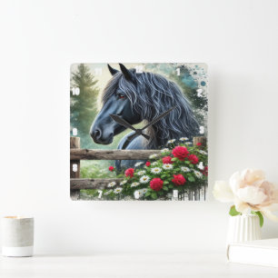 Black Horse Floral Decorative Roses And Daisies Square Wall Clock