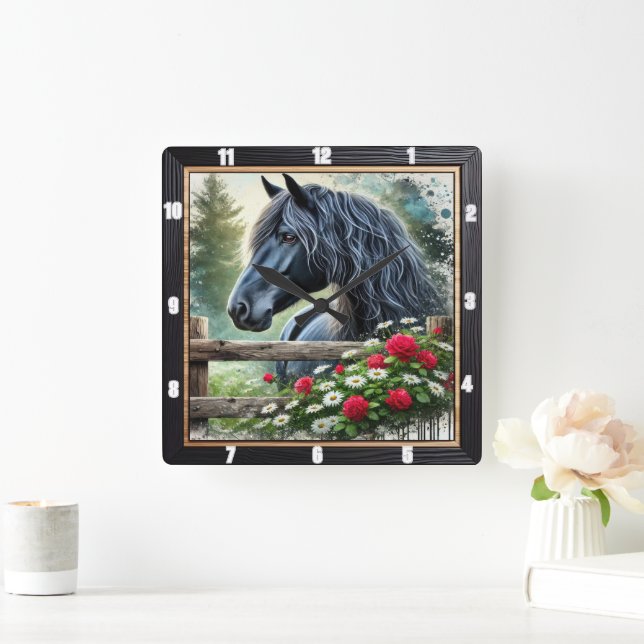 Black Horse Floral Decorative Square Wall Clock (Home)