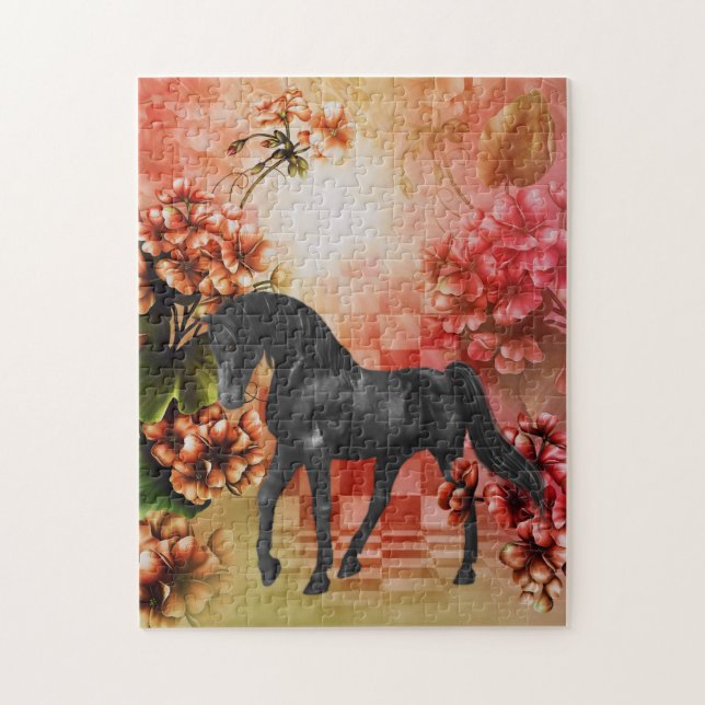 Black Horse Flowers Fantasy Art Jigsaw Puzzle (Vertical)