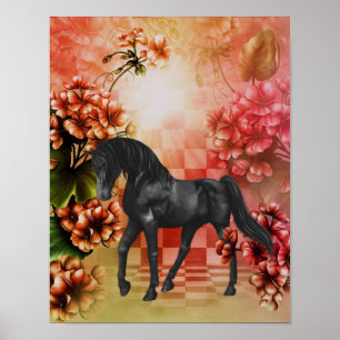 Black Horse Flowers Fantasy Art Poster