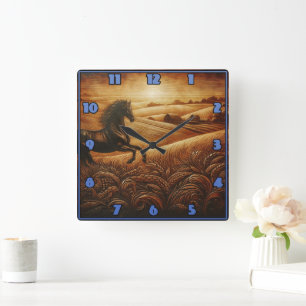 Black Horse Galloping at Sunset Square Wall Clock