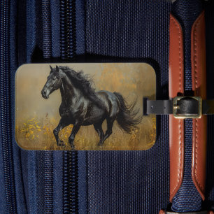 Black Horse Galloping in a Field Luggage Tag
