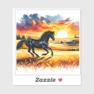 Black Horse Galloping in Golden Fields