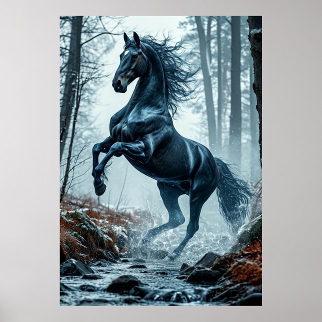 Black Horse Galloping Through a Forest Stream Poster (Front)