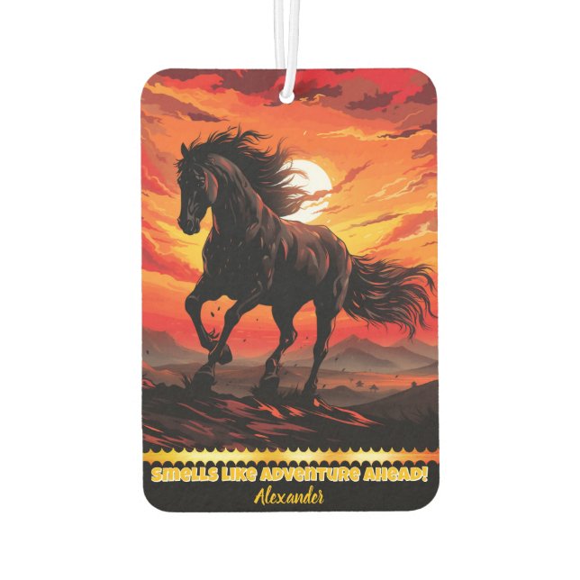 Black horse gallops at fiery sunset car air freshener (Back)