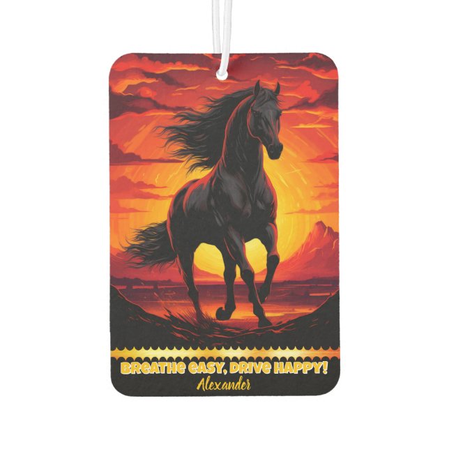 Black horse gallops at sunset car air freshener (Back)