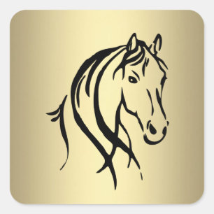 Black Horse Head Gold Square Sticker