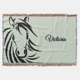 Black Horse Head Green Throw Blanket