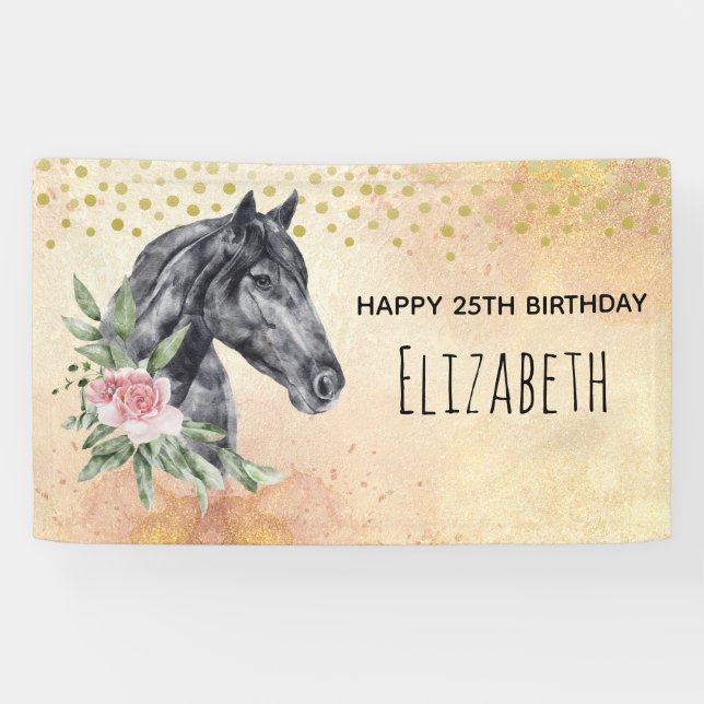 Black Horse Head Portrait Watercolor Birthday Banner (Horizontal)