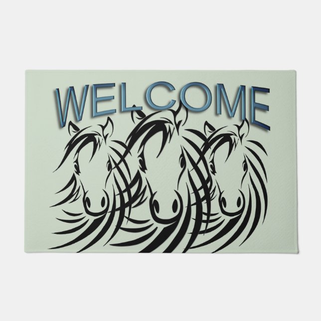 Black Horse Heads Green Doormat (Front)