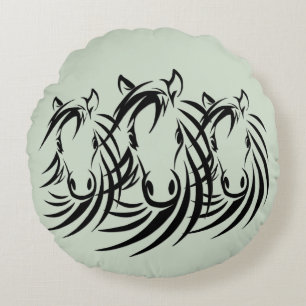 Black Horse Heads Green Round Cushion