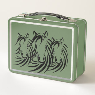 Black Horse Heads on Green Metal Lunch Box