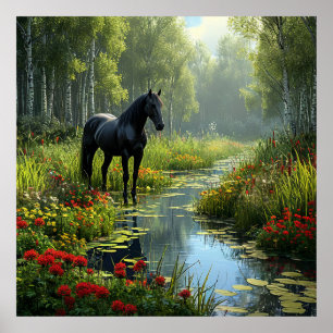 Black Horse in a Lush Forest Clearing Poster