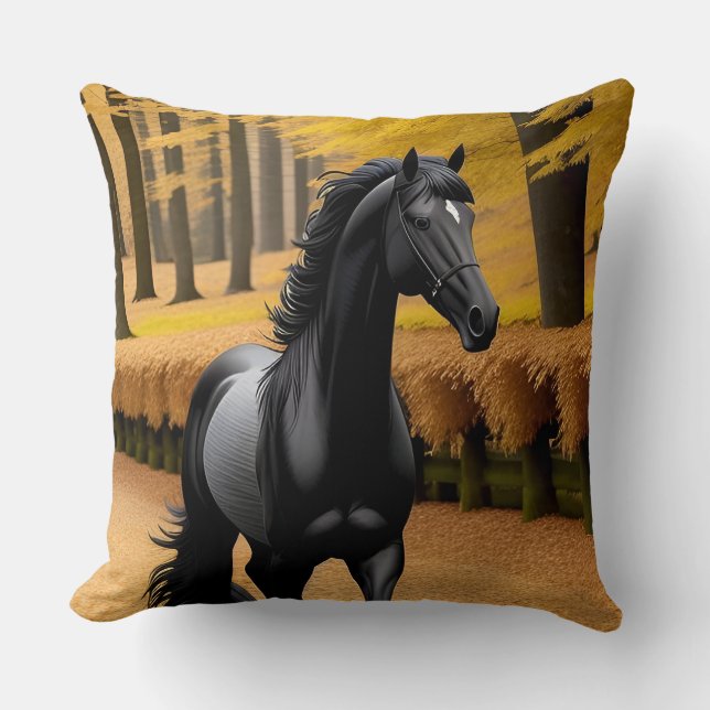 Black Horse in a Scenic Autumn Forest Path Cushion (Front)