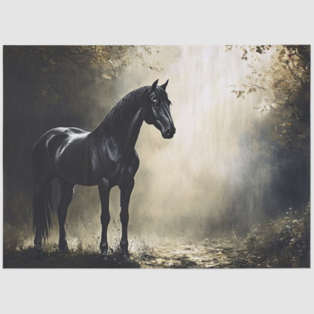 Black Horse in Misty Autumn Forest Tissue Paper (Front)
