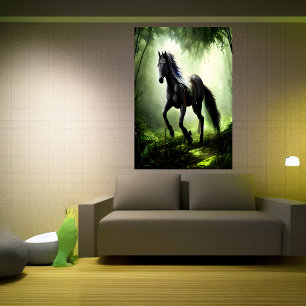 Black horse in the forst AI Art Poster