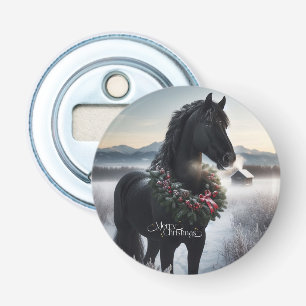Black horse in the snow with Christmas wreath Bottle Opener