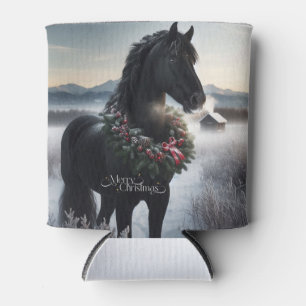 Black horse in the snow with Christmas wreath Can Cooler