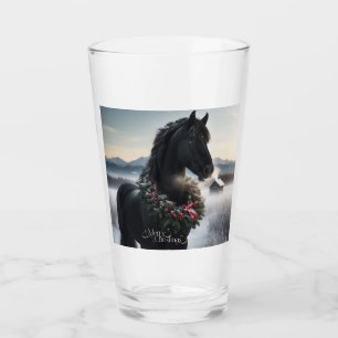Black horse in the snow with Christmas wreath Glass